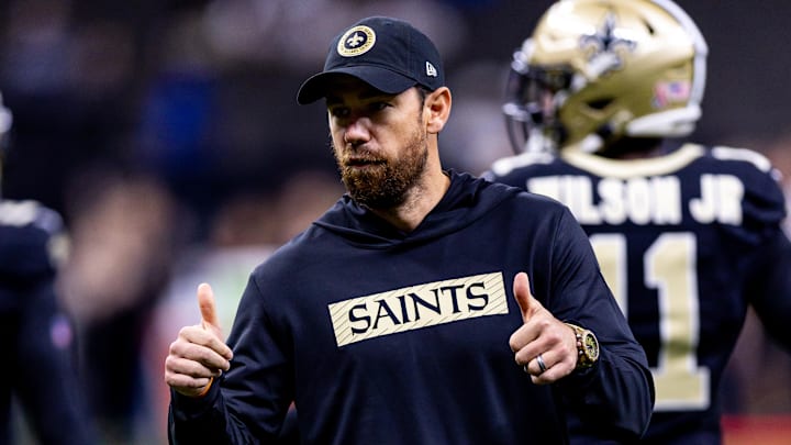 Sep 8, 2024; New Orleans, Louisiana, USA; New Orleans Saints offensive coordinator Klint Kubiak reacts against the Carolina Panthers during the pregame at Caesars Superdome.