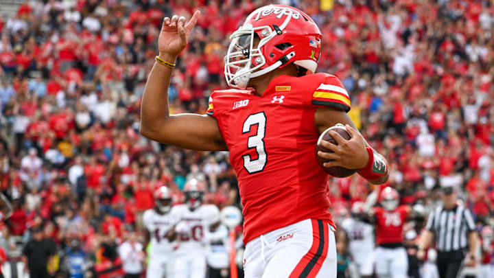 Sep 30, 2023; College Park, Maryland, USA; Maryland Terrapins quarterback Taulia Tagovailoa reacts after running for a touchdown against the Indiana Hoosiers during the first half at SECU Stadium.