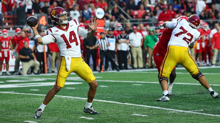 Sep 19, 2026; Piscataway, New Jersey, USA;  USC Trojans quarterback Jayden Maiava (14) drops back to pass during the second half against the Rutgers Scarlet Knights at SHI Stadium. Mandatory Credit: Vincent Carchietta-Imagn Images
