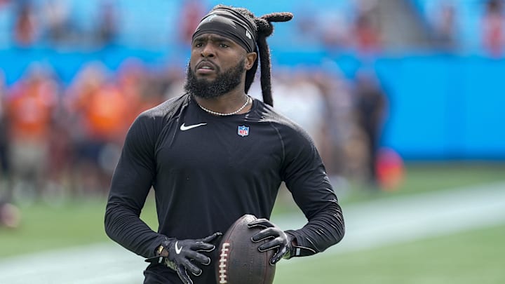 Sep 29, 2024; Charlotte, North Carolina, USA; Carolina Panthers wide receiver Diontae Johnson (5) during pregame warm ups against the Cincinnati Bengals at Bank of America Stadium.