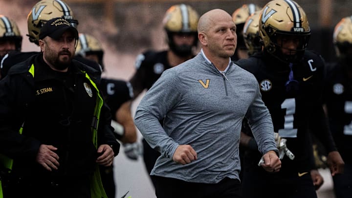 Vanderbilt Commodores Head Coach Clark Lea runs onto the field before playing against South Carolina Gamecocks at FirstBank Stadium in Nashville, Tenn., Saturday, Nov. 9, 2024.