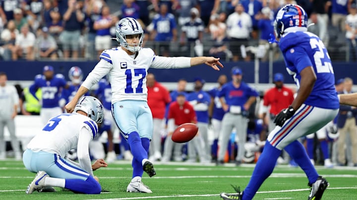 Sep 14, 2025; Arlington, Texas, USA; Dallas Cowboys place kicker Brandon Aubrey (17) kicks the game-winning field goal against the New York Giants during overtime at AT&T Stadium. Sep 14, 2025; Arlington, Texas, USA; Dallas Cowboys place kicker Brandon Aubrey (17) kicks the game-winning field goal against the New York Giants during overtime at AT&T Stadium.