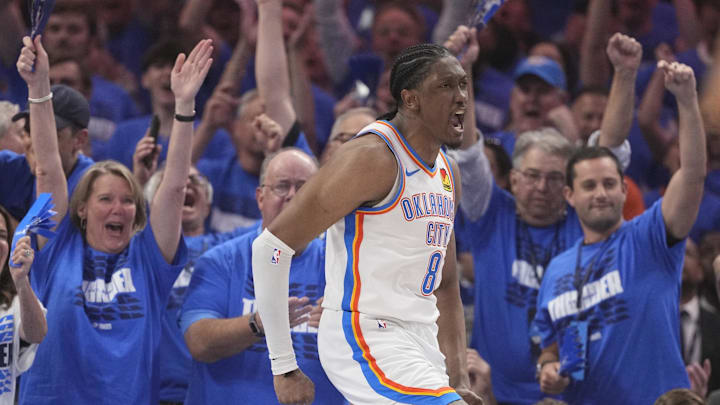 Jun 16, 2025; Oklahoma City, Oklahoma, USA; Oklahoma City Thunder forward Jalen Williams (8) reacts during the second quarter of game five of the 2025 NBA Finals against the Indiana Pacers at Paycom Center. Mandatory Credit: Kyle Terada-Imagn Images Jun 16, 2025; Oklahoma City, Oklahoma, USA; Oklahoma City Thunder forward Jalen Williams (8) reacts during the second quarter of game five of the 2025 NBA Finals against the Indiana Pacers at Paycom Center. Mandatory Credit: Kyle Terada-Imagn Images