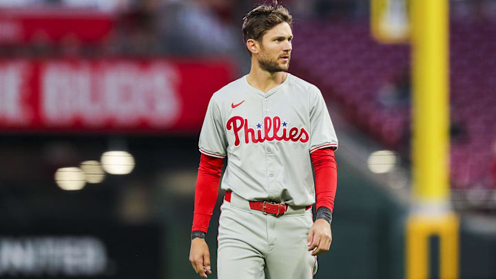 Apr 22, 2024; Cincinnati, Ohio, USA; Philadelphia Phillies shortstop Trea Turner (7) Apr 22, 2024; Cincinnati, Ohio, USA; Philadelphia Phillies shortstop Trea Turner (7)