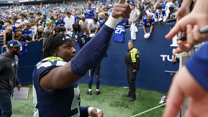 Sep 22, 2024; Seattle, Washington, USA; Seattle Seahawks linebacker Boye Mafe (53) walks to the locker room following a victory against the Miami Dolphins at Lumen Field. Mandatory Credit: Joe Nicholson-Imagn Images