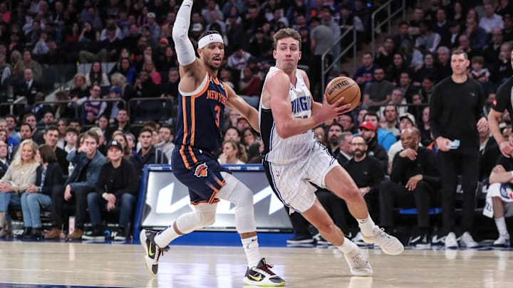 Orlando Magic forward Franz Wagner (22) drives past New York Knicks guard Josh Hart (3) in the second quarter at Madison Square Garden.