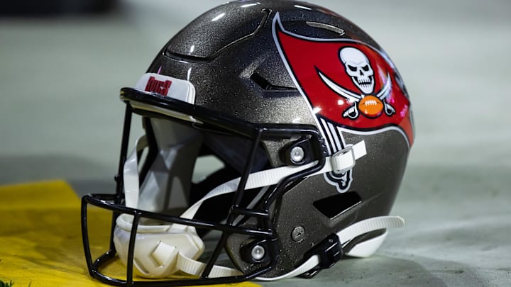Detailed view of a Tampa Bay Buccaneers helmet at State Farm Stadium.
