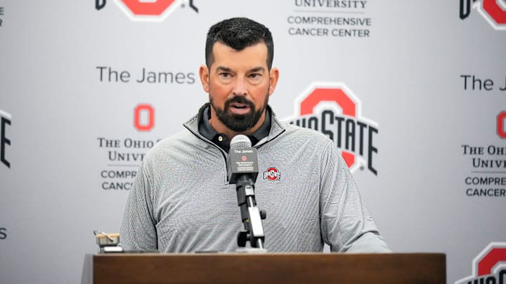 Sep 24, 2024; Columbus, Ohio, USA; Ohio State Buckeyes head coach Ryan Day speaks to the media during a press conference at the Woody Hayes Athletic Center on Tuesday. Sep 24, 2024; Columbus, Ohio, USA; Ohio State Buckeyes head coach Ryan Day speaks to the media during a press conference at the Woody Hayes Athletic Center on Tuesday.