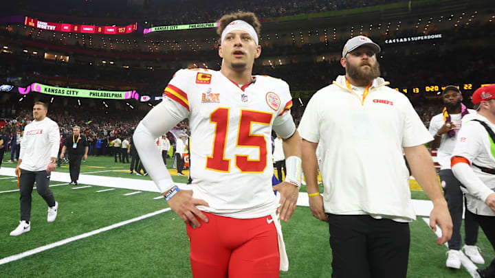 Feb 9, 2025; New Orleans, LA, USA; Kansas City Chiefs quarterback Patrick Mahomes (15) reacts after losing to the Philadelphia Eagles in Super Bowl LIX at Ceasars Superdome.