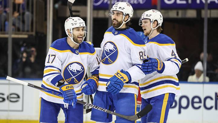 Buffalo Sabres players Jason Zucker, Alex Tuch and Bowen Byram