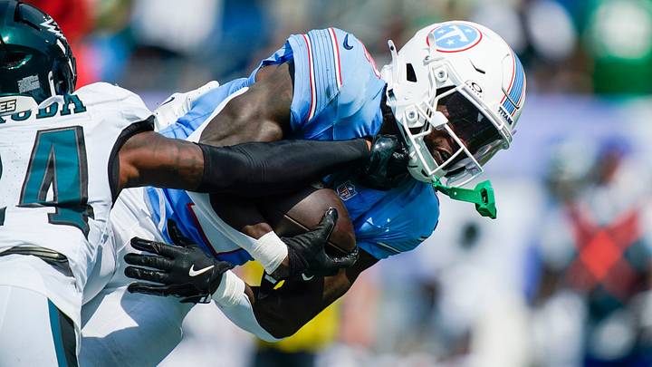 Tennessee Titans running back Tyjae Spears (2) is finally brought down after a long run after catch during the second quarter against the Philadelphia Eagles at Nissan Stadium in Nashville, Tenn., Sunday, Sept. 20, 2026. Tennessee Titans running back Tyjae Spears (2) is finally brought down after a long run after catch during the second quarter against the Philadelphia Eagles at Nissan Stadium in Nashville, Tenn., Sunday, Sept. 20, 2026.