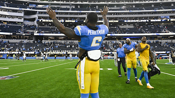 Los Angeles Chargers linebacker Denzel Perryman waves to the stands after the Chargers defeated the Tennessee Titans.