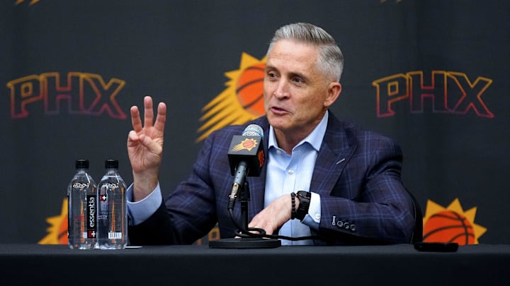 Suns general manager Brian Gregory speaks during his introductory news conference on May 6, 2025, in Phoenix. Suns general manager Brian Gregory speaks during his introductory news conference on May 6, 2025, in Phoenix.
