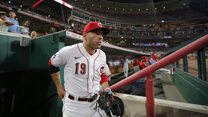 Cincinnati Reds first baseman Joey Votto (19) takes the field for the top of the eighth inning of the MLB National League game between the Cincinnati Reds and the San Diego Padres at Great American Ball Park in downtown Cincinnati on Thursday, July 1, 2021. The Reds won 5-4 on a walk-off single, with the bases loaded, off the bat of Tyler Stephenson.