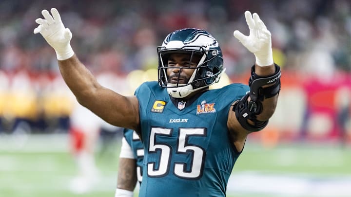 Feb 9, 2025; New Orleans, LA, USA; Philadelphia Eagles defensive end Brandon Graham (55) against the Kansas City Chiefs during Super Bowl LIX at Ceasars Superdome. Feb 9, 2025; New Orleans, LA, USA; Philadelphia Eagles defensive end Brandon Graham (55) against the Kansas City Chiefs during Super Bowl LIX at Ceasars Superdome.