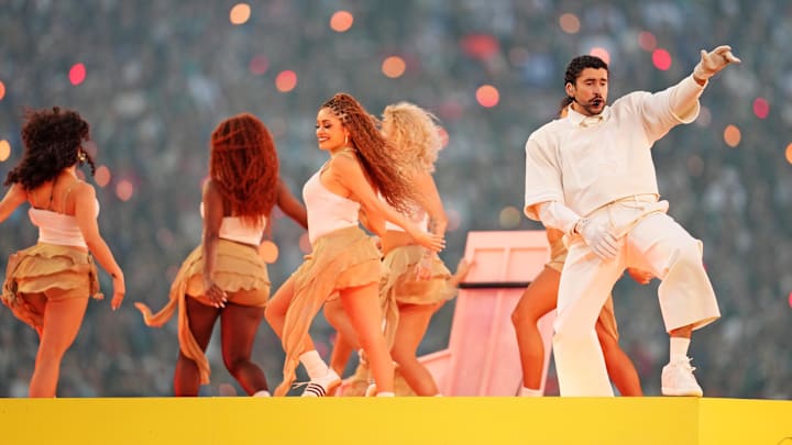 Feb 8, 2026; Santa Clara, CA, USA; Bad Bunny performs during the half time show at the game between New England Patriots and Seattle Seahawks in Super Bowl LX at Levi's Stadium. Mandatory Credit: Cary Edmondson-Imagn Images