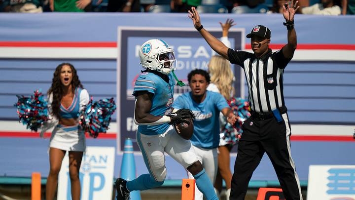 Tennessee running back Tyjae Spears (2) continues his run out of bounds that gave the Titans a first down at the Philadelphia 9-yard line late in the fourth quarter of their game at Nissan Stadium Sunday, Sept. 20, 2026.