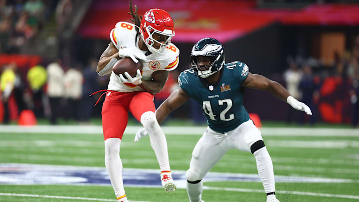 Feb 9, 2025; New Orleans, LA, USA;  Kansas City Chiefs wide receiver DeAndre Hopkins (8) catches a pass against Philadelphia Eagles linebacker Oren Burks (42) in the third quarter in Super Bowl LIX at Ceasars Superdome. Mandatory Credit: Mark J. Rebilas-Imagn Images
