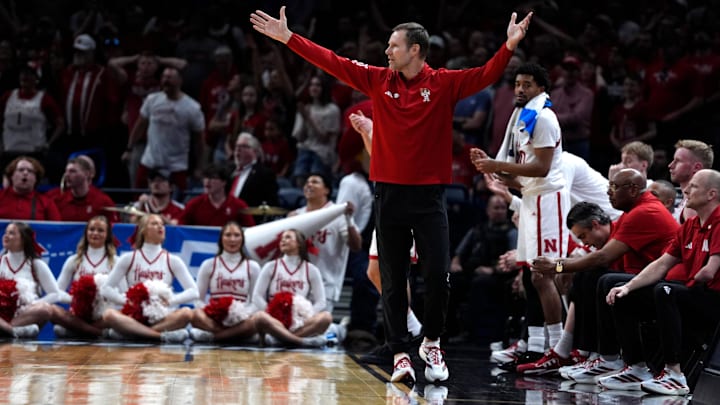 Nebraska coach Fred Hoiberg gestures during a first-round game in the NCAA men's basketball tournament between Nebraska and Troy at Paycom Center in Oklahoma City, Thursday, March 19, 2026.
