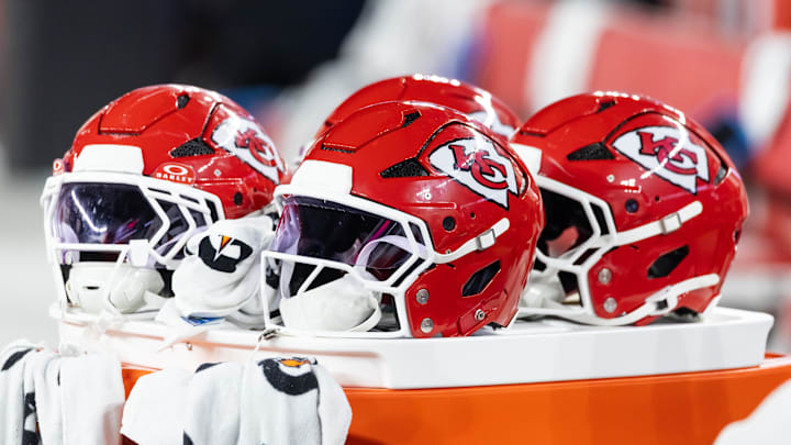 Aug 9, 2025; Glendale, Arizona, USA; Detailed view of a Kansas City Chiefs helmet during a preseason NFL game at State Farm Stadium. Mandatory Credit: Mark J. Rebilas-Imagn Images