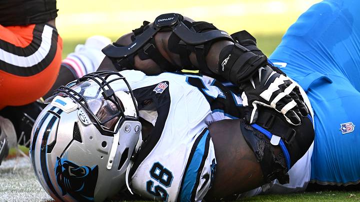 Carolina Panthers guard Damien Lewis (68) reacts after a play against the Cleveland Browns Carolina Panthers guard Damien Lewis (68) reacts after a play against the Cleveland Browns