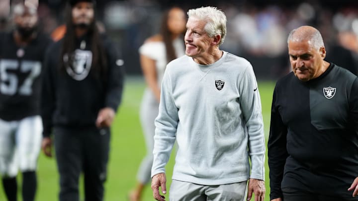 Sep 15, 2025; Paradise, Nevada, USA; Las Vegas Raiders head coach Pete Carroll looks on after the game against the Los Angeles Chargers at Allegiant Stadium. Mandatory Credit: Stephen R. Sylvanie-Imagn Images Sep 15, 2025; Paradise, Nevada, USA; Las Vegas Raiders head coach Pete Carroll looks on after the game against the Los Angeles Chargers at Allegiant Stadium. Mandatory Credit: Stephen R. Sylvanie-Imagn Images