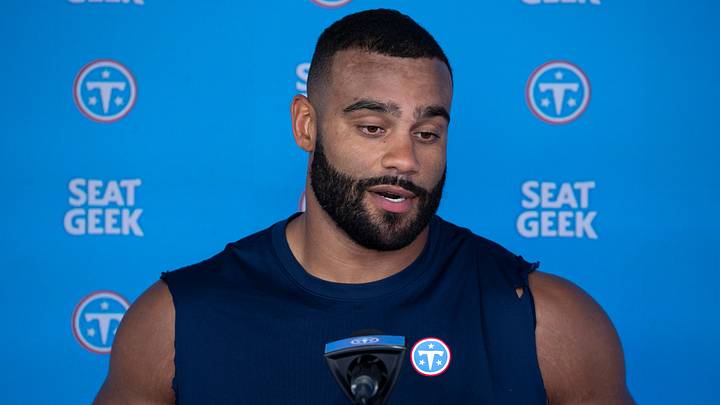 Tennessee Titans defensive tackle Solomon Thomas (90) fields questions from the media on the first day of mandatory minicamp at Vanderbilt Health Football Center, Tenn., Tuesday, June 16, 2026.