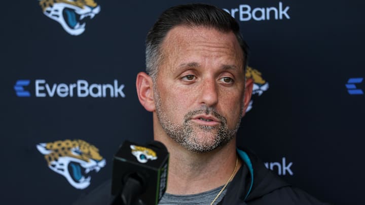 Jul 24, 2025; Jacksonville, FL, USA; Jacksonville Jaguars defensive coordinator Anthony Campanile talks to media during training camp at Miller Electric Center. Mandatory Credit: Nathan Ray Seebeck-Imagn Images Jul 24, 2025; Jacksonville, FL, USA; Jacksonville Jaguars defensive coordinator Anthony Campanile talks to media during training camp at Miller Electric Center. Mandatory Credit: Nathan Ray Seebeck-Imagn Images