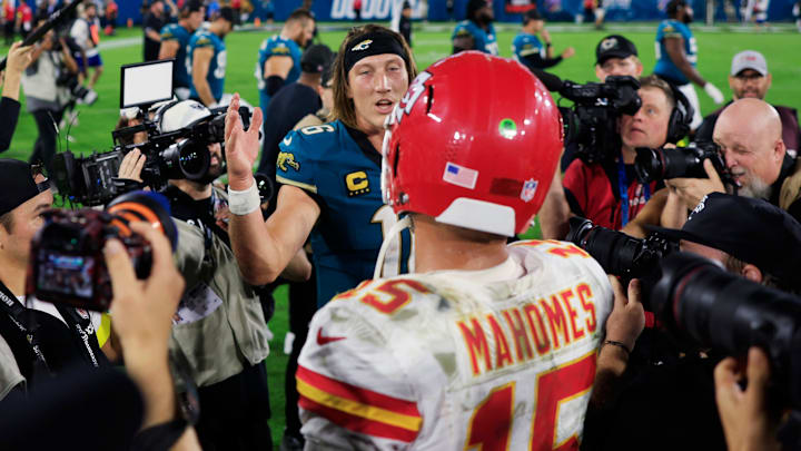 Jacksonville Jaguars quarterback Trevor Lawrence (16) greets Kansas City Chiefs quarterback Patrick Mahomes (15) after the game of an NFL football matchup at EverBank Stadium, Monday, Oct. 6, 2025, in Jacksonville, Fla. The Jacksonville Jaguars edged the Kansas City Chiefs 31-28. [Corey Perrine/Florida Times-Union]