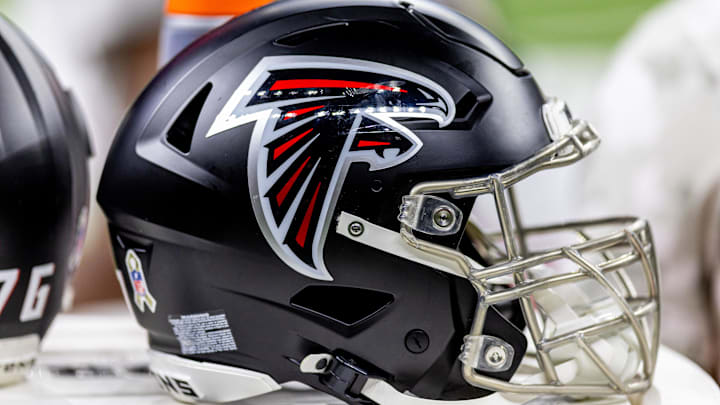 Nov 10, 2024; New Orleans, Louisiana, USA;   Detailed view of the Atlanta Falcons helmet against the New Orleans Saints during the second half at Caesars Superdome. Mandatory Credit: Stephen Lew-Imagn Images
