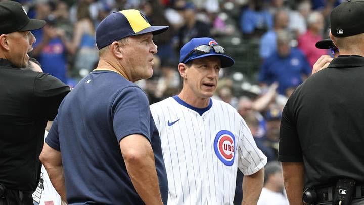 Aug 18, 2025; Chicago, Illinois, USA;  Milwaukee Brewers manager Pat Murphy (49), left, and Chicago Cubs manager Craig Counsell (11) before the game at Wrigley Field. Mandatory Credit: Matt Marton-Imagn Images