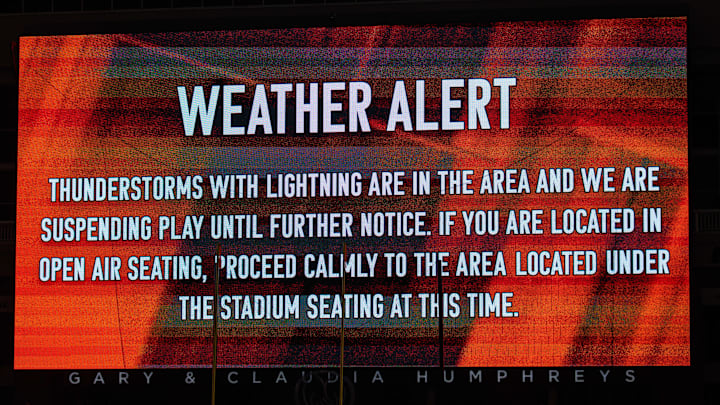 Nov 2, 2024; Stillwater, Oklahoma, USA; Stadium screen shows a weather alert game suspension during the game between the Oklahoma State Cowboys and the Arizona State Sun Devils at Boone Pickens Stadium. Mandatory Credit: William Purnell-Imagn Images