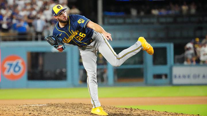 Oct 15, 2026; Los Angeles, California, USA; Milwaukee Brewers pitcher Aaron Ashby (26) throws against the Los Angeles Dodgers in game four of the NLCS for the 2026 MLB Playoffs at Uniqlo Field at Dodger Stadium. Mandatory Credit: Kirby Lee-Imagn Images Oct 15, 2026; Los Angeles, California, USA; Milwaukee Brewers pitcher Aaron Ashby (26) throws against the Los Angeles Dodgers in game four of the NLCS for the 2026 MLB Playoffs at Uniqlo Field at Dodger Stadium. Mandatory Credit: Kirby Lee-Imagn Images