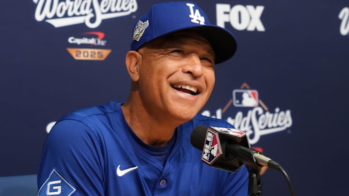 Los Angeles Dodgers manager Dave Roberts at press conference during game four of the 2025 MLB World Series against the Toronto Blue Jays  at Dodger Stadium.