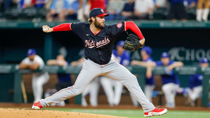 May 1, 2024; Arlington, Texas, USA; Washington Nationals pitcher Trevor Williams (32) throws during the first inning against the Texas Rangers at Globe Life Field. Mandatory Credit: Andrew Dieb-USA TODAY Sports May 1, 2024; Arlington, Texas, USA; Washington Nationals pitcher Trevor Williams (32) throws during the first inning against the Texas Rangers at Globe Life Field. Mandatory Credit: Andrew Dieb-USA TODAY Sports