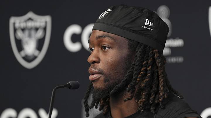 Las Vegas Raiders running back Ashton Jeanty speaks during a news conference during organized team activities.