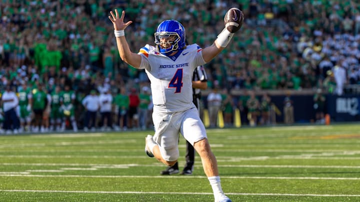 Oct 4, 2025; South Bend, Indiana, USA; Boise State Broncos quarterback Maddux Madsen (4) celebrates as he runs in a touchdown against the Notre Dame Fighting Irish during the first half at Notre Dame Stadium. Mandatory Credit: Michael Caterina-Imagn Images Oct 4, 2025; South Bend, Indiana, USA; Boise State Broncos quarterback Maddux Madsen (4) celebrates as he runs in a touchdown against the Notre Dame Fighting Irish during the first half at Notre Dame Stadium. Mandatory Credit: Michael Caterina-Imagn Images