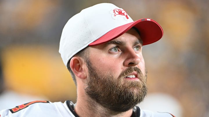 Aug 16, 2025; Pittsburgh, Pennsylvania, USA; Tampa Bay Buccaneers place kicker Chase McLaughlin (4) watches the action against the  Pittsburgh Steelers during the second half at Acrisure Stadium. Mandatory Credit: Barry Reeger-Imagn Images