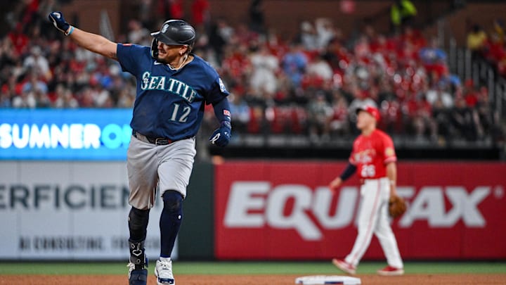 Apr 24, 2026; St. Louis, Missouri, USA; Seattle Mariners first baseman Josh Naylor (12) reacts as he runs the bases after hitting a solo home run against the St. Louis Cardinals during the sixth inning at Busch Stadium. Mandatory Credit: Jeff Curry-Imagn Images