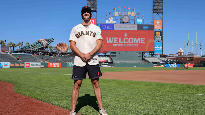 Jul 26, 2023; San Francisco, California, USA; San Francisco Giants 2023 first-round pick Bryce Eldridge before the game against the Oakland Athletics at Oracle Park. Mandatory Credit: Sergio Estrada-Imagn Images