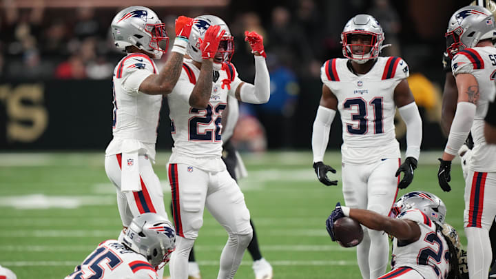 Oct 12, 2025; New Orleans, Louisiana, USA;  The New England Patriots react during the second half against the New Orleans Saints at Caesars Superdome. Mandatory Credit: Matthew Hinton-Imagn Images