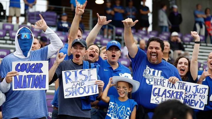 Oct 3, 2026; Fort Worth, Texas, USA;  BYU Cougars fans cheer before the game against the TCU Horned Frogs at Amon G. Carter Stadium.  Mandatory Credit: Chris Jones-Imagn Images