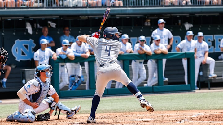 Jun 8, 2025; Chapel Hill, NC, USA; Arizona outfielder Brendan Summerhill (4) prepares to hit the ball  during the first inning of the Super Regionals game against North Carolina in Chapel Hill, North Carolina. Mandatory Credit: Jaylynn Nash-Imagn Images