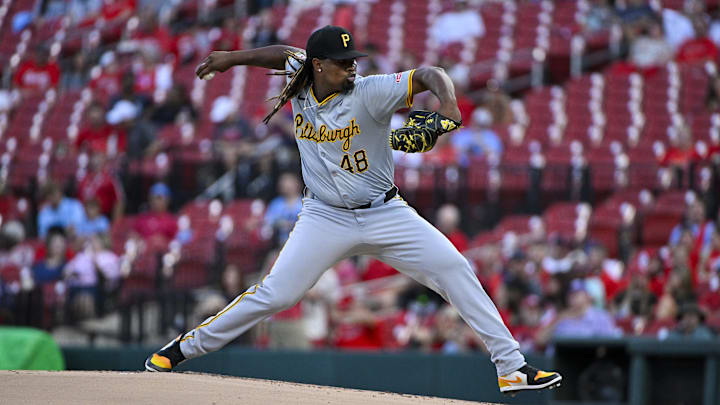 Pittsburgh Pirates starting pitcher Luis Ortiz (48) pitches against the St. Louis Cardinals during the first inning at Busch Stadium. 