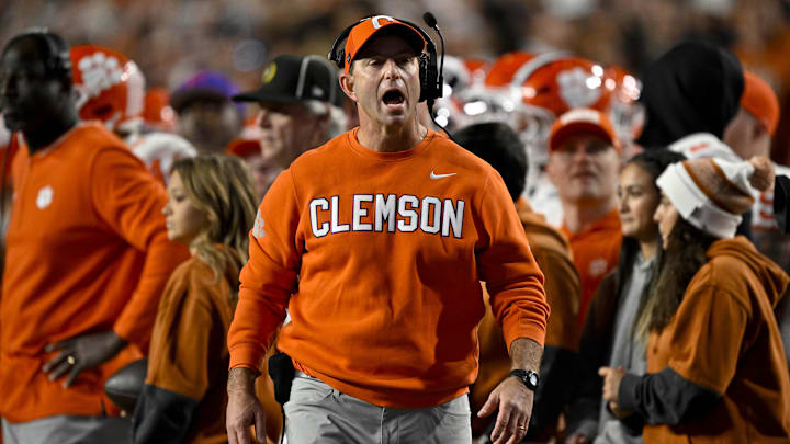 Dec 21, 2024; Austin, Texas, USA; Clemson Tigers head coach Dabo Swinney during the game between the Texas Longhorns and the Clemson Tigers in the CFP National Playoff First Round at Darrell K Royal-Texas Memorial Stadium. Mandatory Credit: Jerome Miron-Imagn Images
