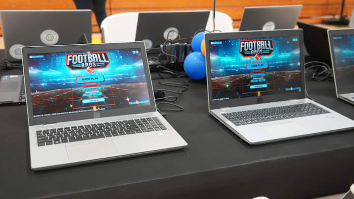 Apr 24, 2025; Green Bay, WI, USA;  Laptop computers at the NFL Inspire Change Draft Event at Oneida Elementary School.  