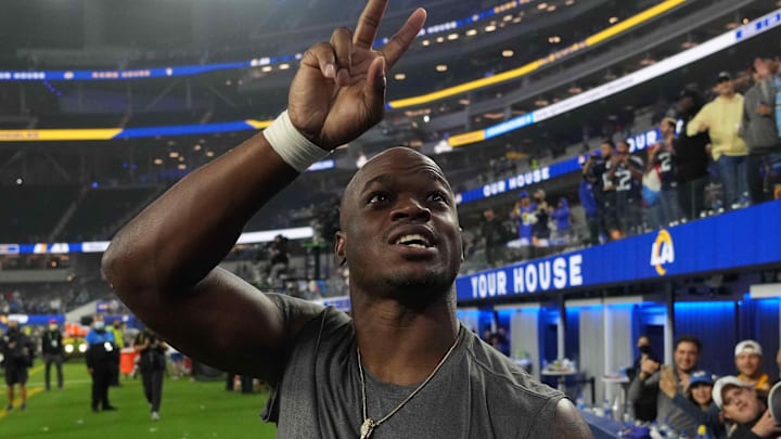 Nov 7, 2021; Inglewood, California, USA;Tennessee Titans running back Adrian Peterson (8) reacts after the game against the Los Angeles Rams] at SoFi Stadium. Mandatory Credit: Kirby Lee-Imagn Images