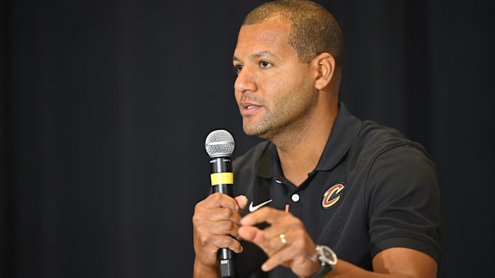 Sep 14, 2022; Cleveland, OH, USA; Cleveland Cavaliers president of basketball operations Koby Altman speaks to the media during an introductory press conference at Rocket Mortgage FieldHouse. Mandatory Credit: David Richard-Imagn Images
