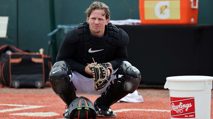 Feb 16, 2025; Sarasota, FL, USA; Baltimore Orioles catcher Adley Rutschman (35) during spring training workouts at Ed Smith Stadium. Feb 16, 2025; Sarasota, FL, USA; Baltimore Orioles catcher Adley Rutschman (35) during spring training workouts at Ed Smith Stadium.