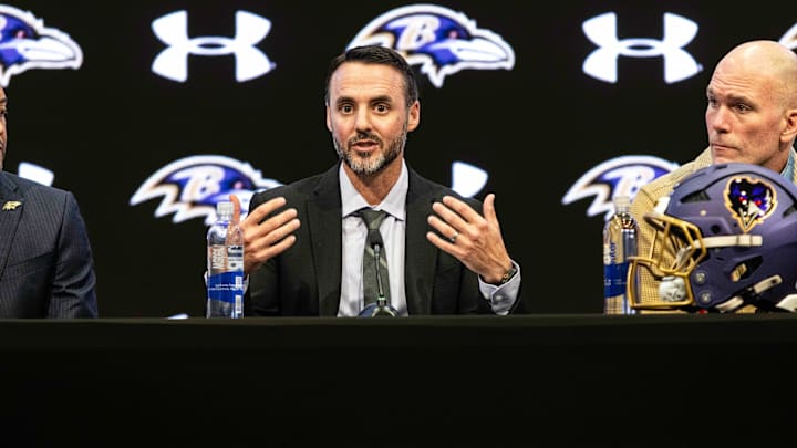 Jan 29, 2026; Owings Mills, MD, USA; Jesse Minter and Eric DeCosta at press conference at Under Armour Performance Center. Mandatory Credit: Lexi Thompson-Imagn Images
